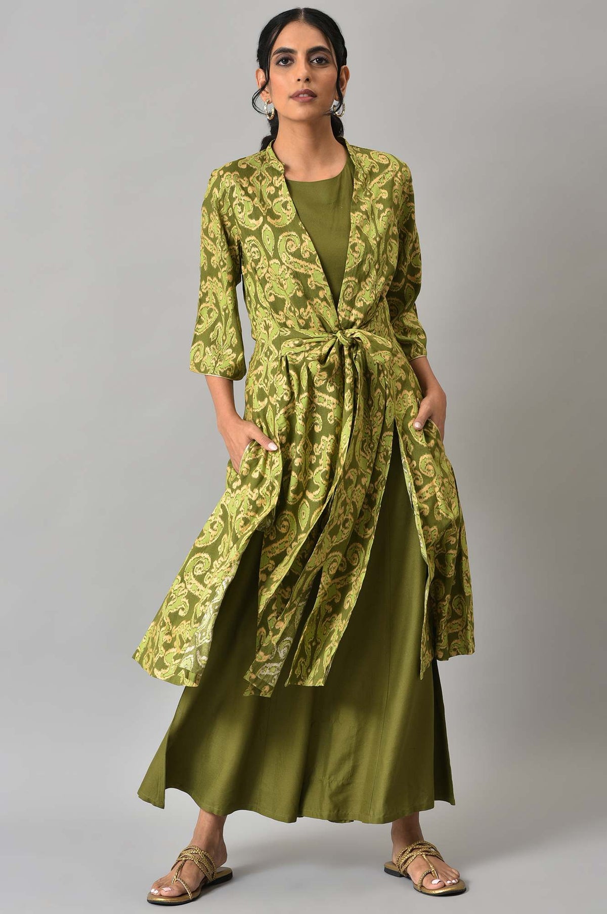 Green Ikkat Printed Jacket with Solid Green Top and Flared Pants Co-ord Set - XS