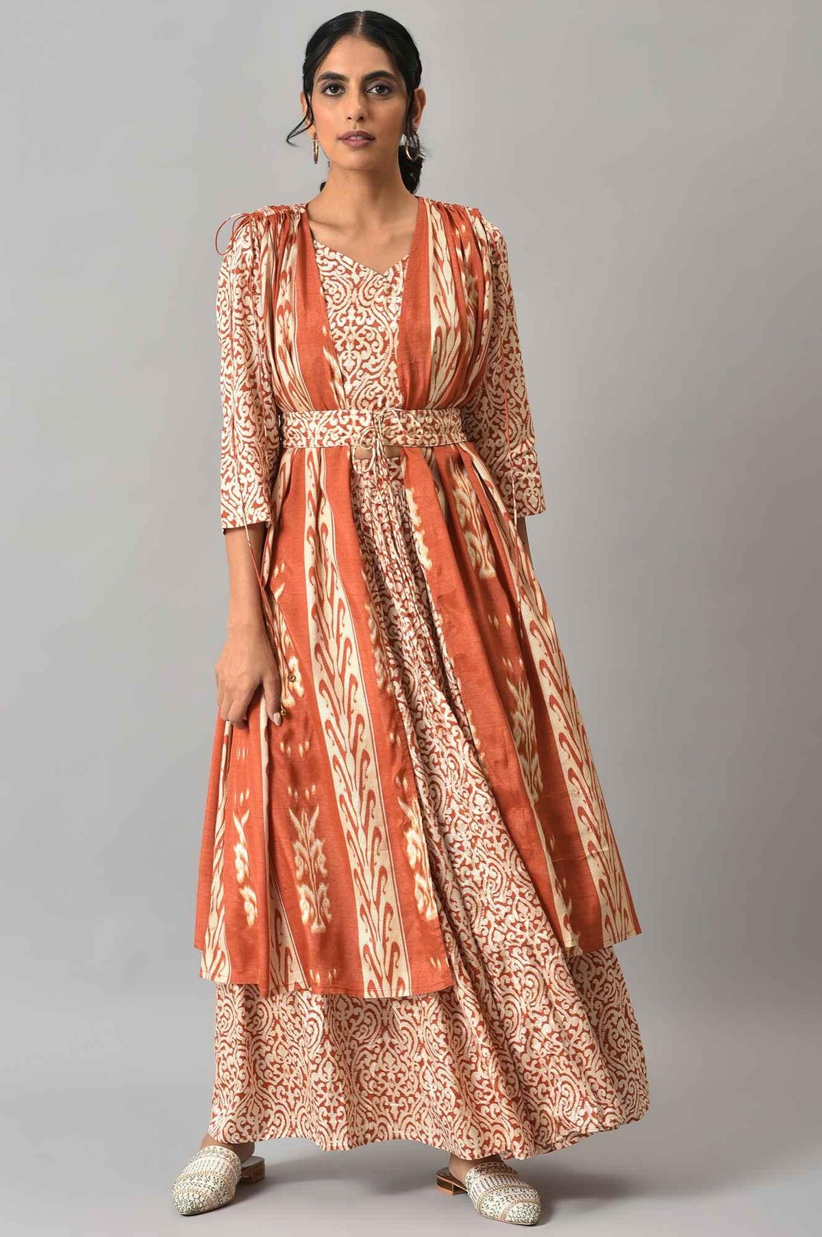 Orange Ikkat Printed Cape with Crop Top and Skirt Co-ord Set - XS