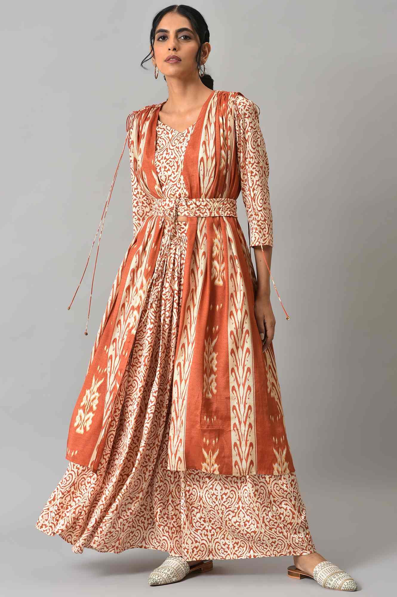 Orange Ikkat Printed Cape with Crop Top and Skirt Co-ord Set - wforwoman