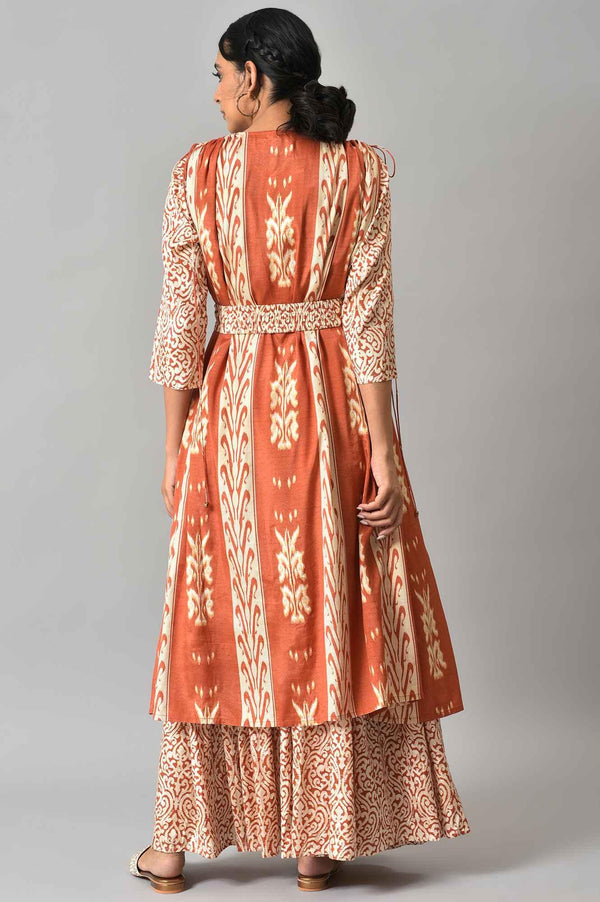 Orange Ikkat Printed Cape with Crop Top and Skirt Co-ord Set