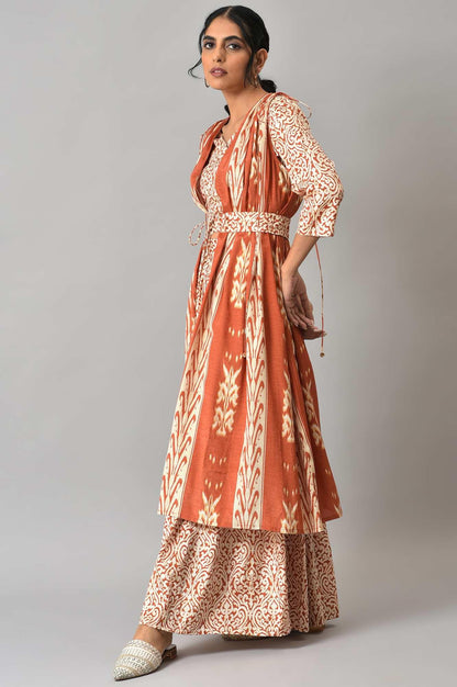 Orange Ikkat Printed Cape with Crop Top and Skirt Co-ord Set - wforwoman