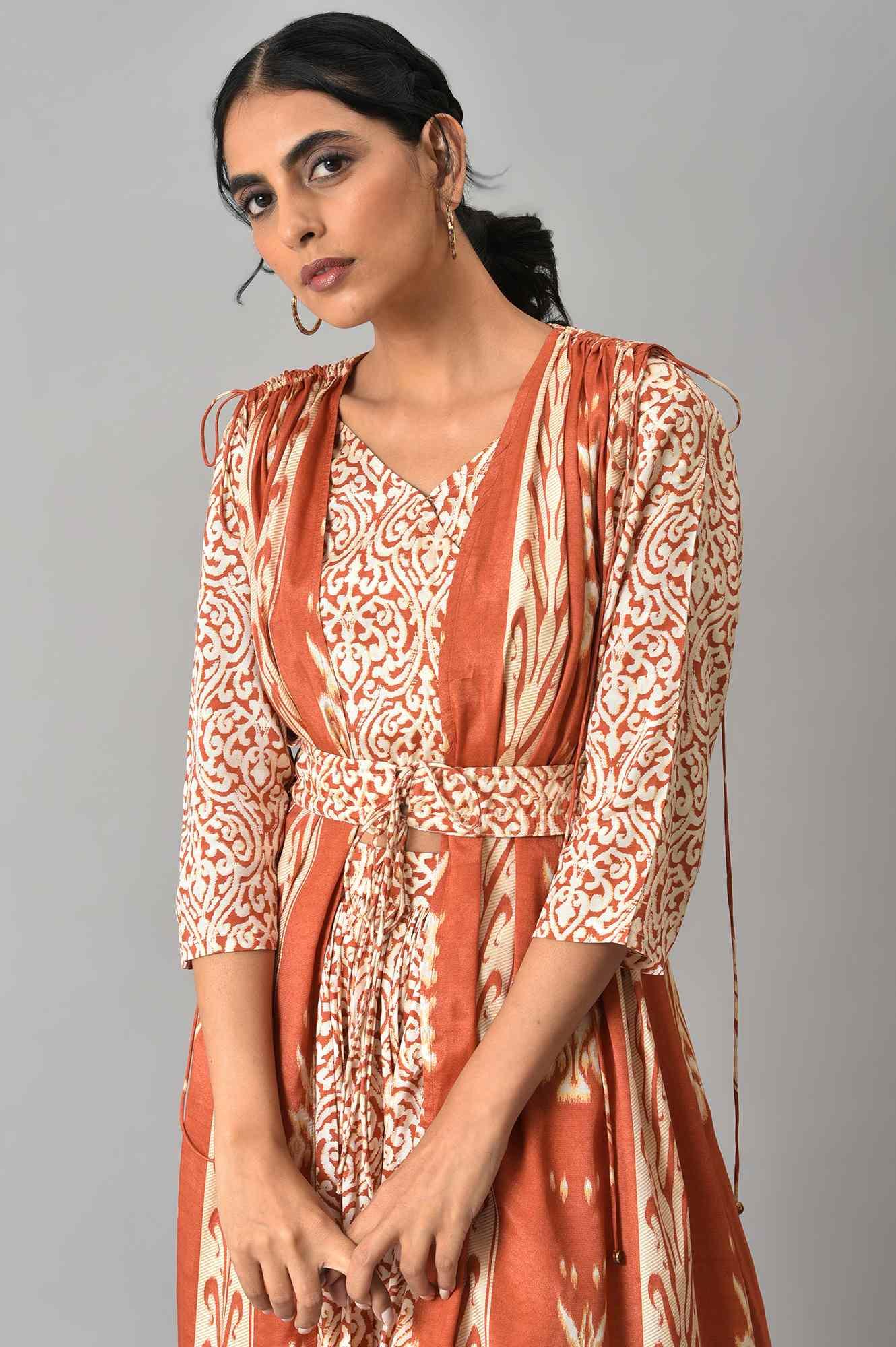 Orange Ikkat Printed Cape with Crop Top and Skirt Co-ord Set - wforwoman