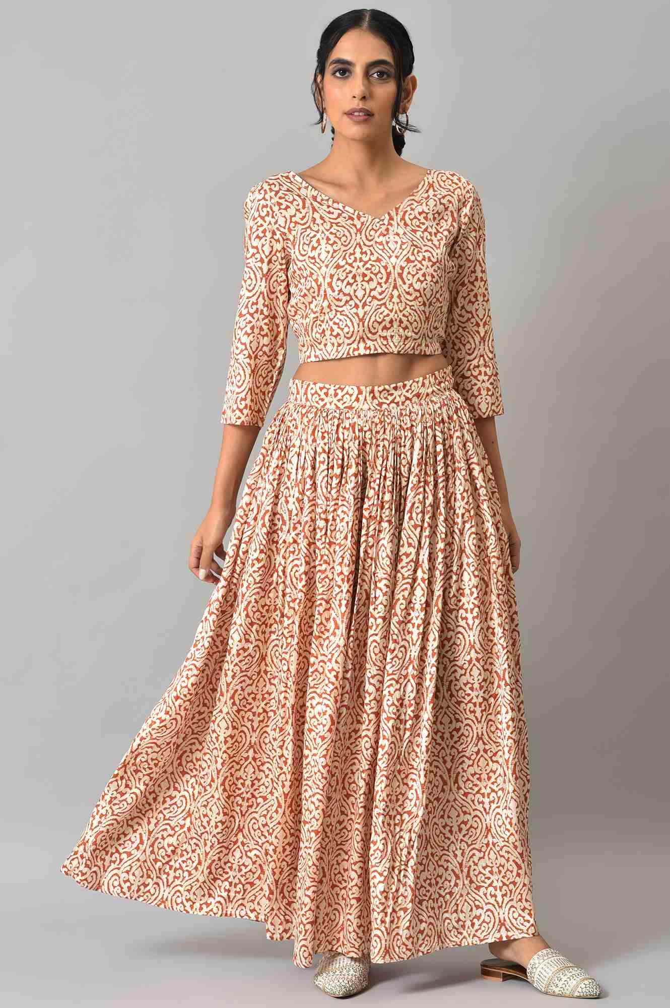 Orange Ikkat Printed Cape with Crop Top and Skirt Co-ord Set - wforwoman
