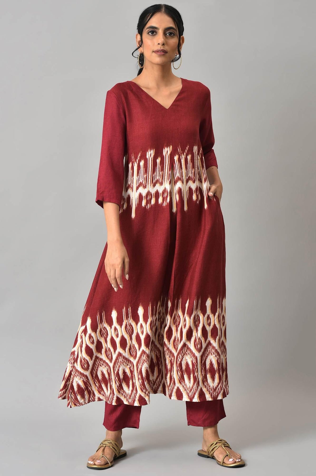Dark Red Ikkat Print Front Pleat kurta with Straight Pants Co-ord Set - XS
