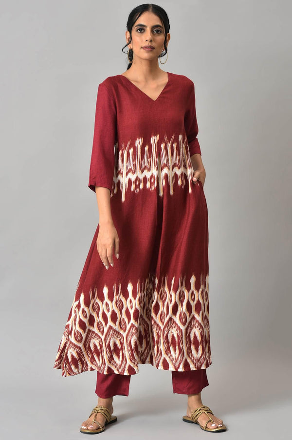 Dark Red Ikkat Print Front Pleat kurta with Straight Pants Co-ord Set