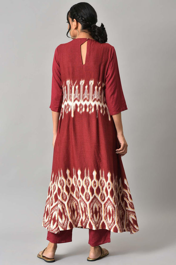 Dark Red Ikkat Print Front Pleat kurta with Straight Pants Co-ord Set