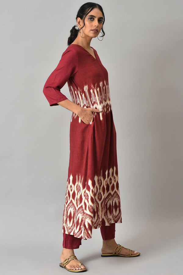 Dark Red Ikkat Print Front Pleat kurta with Straight Pants Co-ord Set