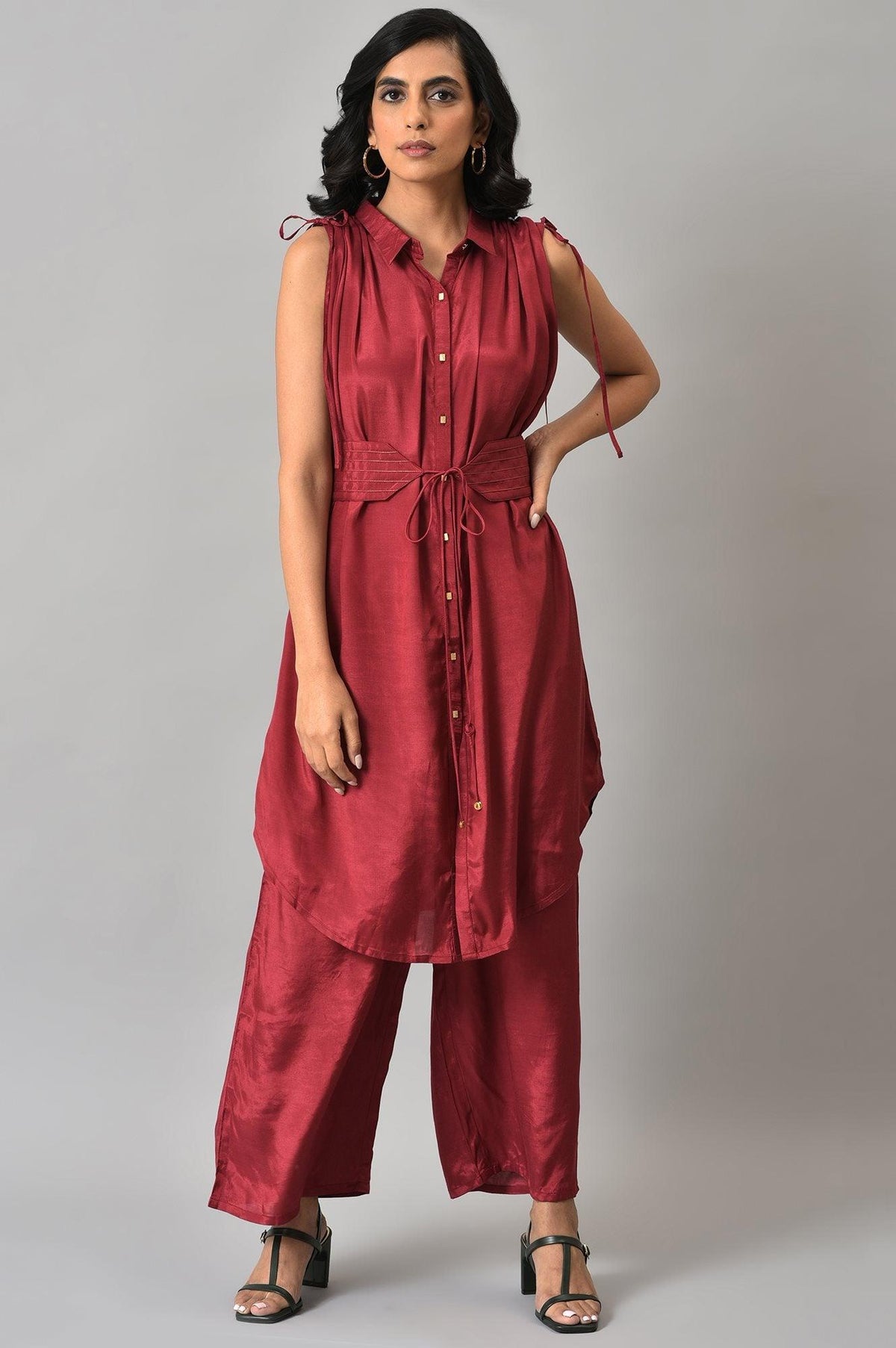 Dark Red Solid Shantung kurta with Parallel Pants Co-ord Set - XS
