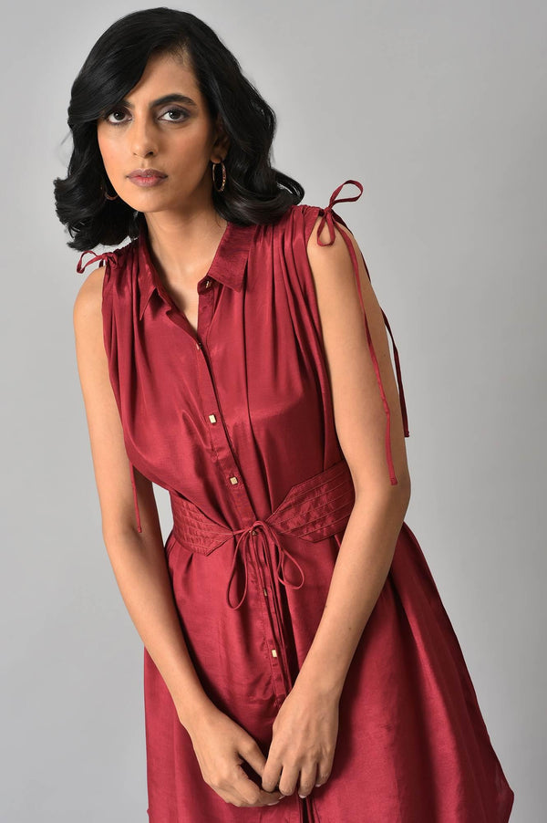 Dark Red Solid Shantung kurta with Parallel Pants Co-ord Set