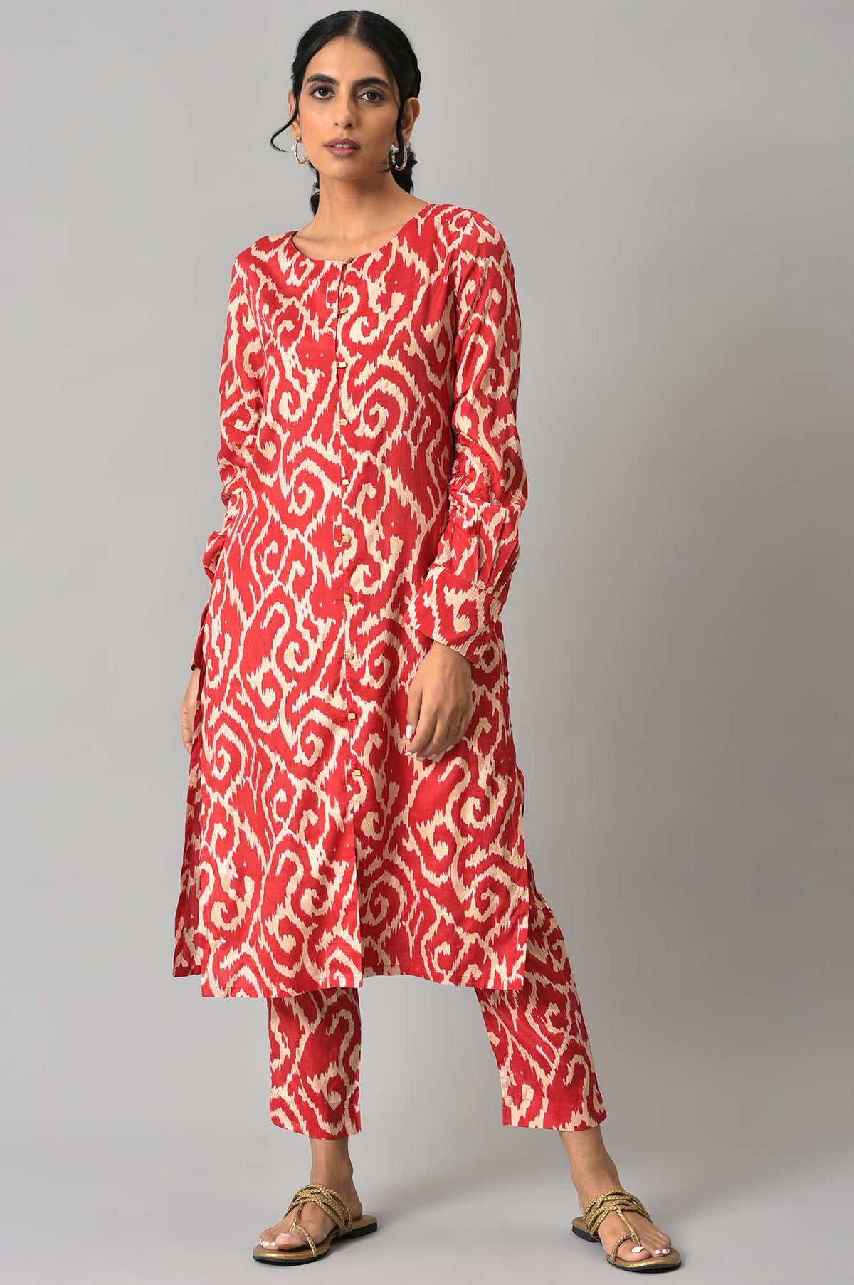 Red Ikkat Printed kurta with Slim Pants Co-ord Set - 6