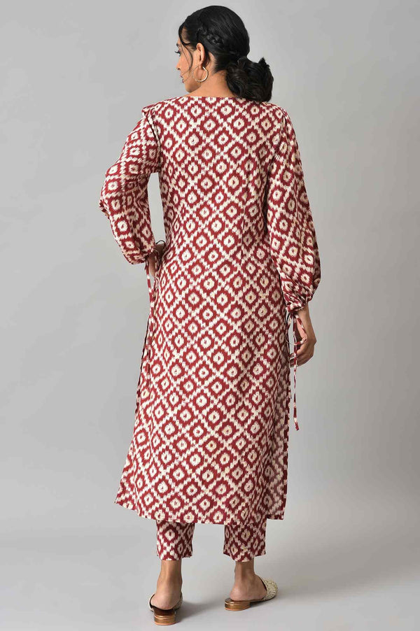 Dark Red Ikkat Print kurta with Slim Pants Co-ord Set