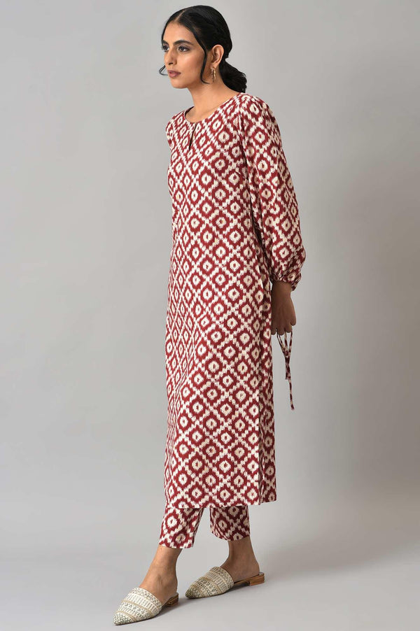 Dark Red Ikkat Print kurta with Slim Pants Co-ord Set
