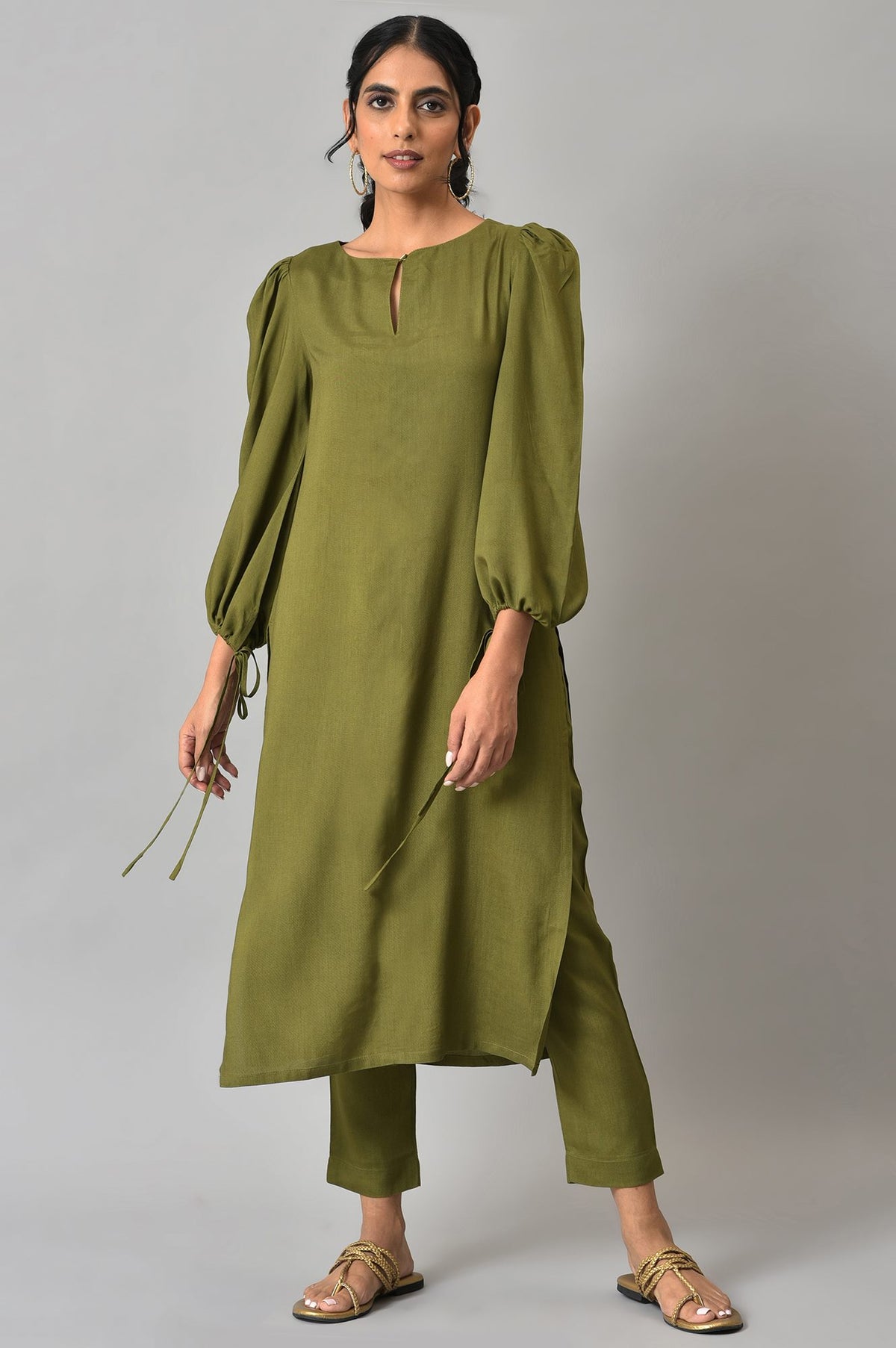Avocado Green Puffed Sleeves kurta with Slim Pants Co-ord Set - 6