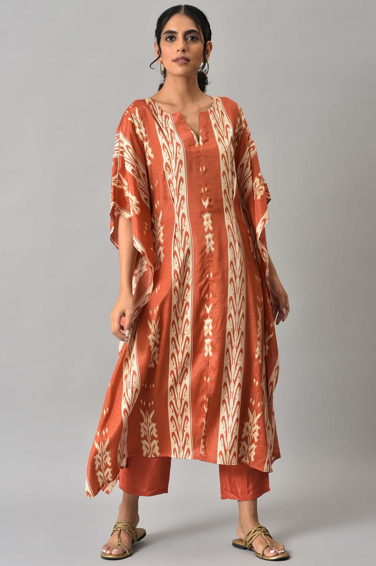 Orange Ikkat Printed Button Down kurta with Parallel Pants Co-ord Set - XS