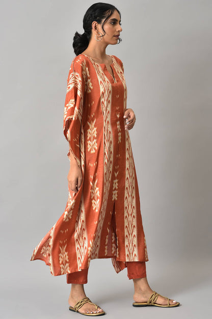 Orange Ikkat Printed Button Down kurta with Parallel Pants Co-ord Set