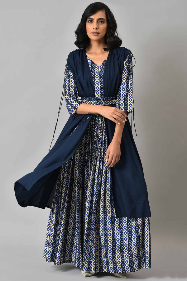 Blue Solid Cape with Ikkat Printed Crop Top and Skirt Co-ord Set