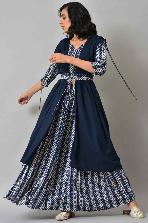 Blue Solid Cape with Ikkat Printed Crop Top and Skirt Co-ord Set