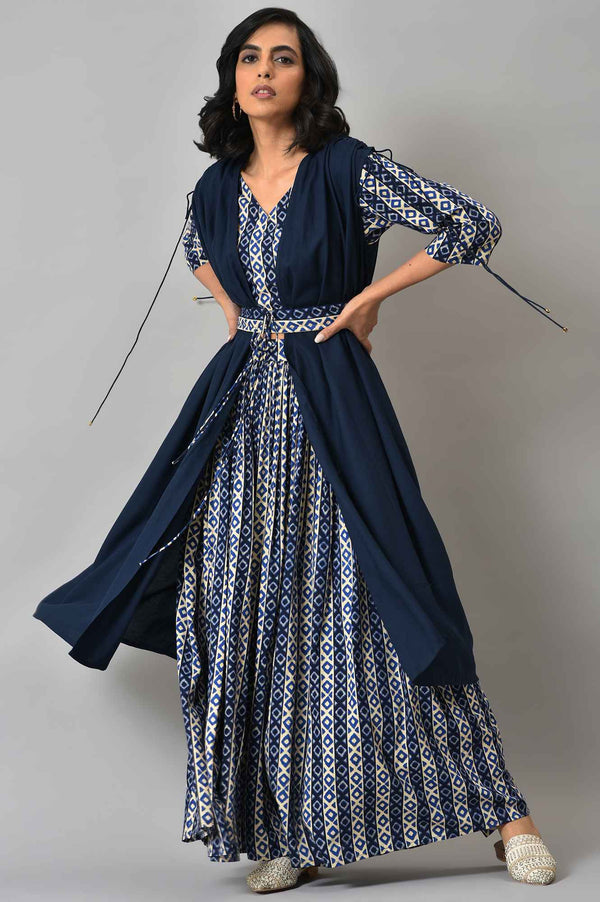Blue Solid Cape with Ikkat Printed Crop Top and Skirt Co-ord Set