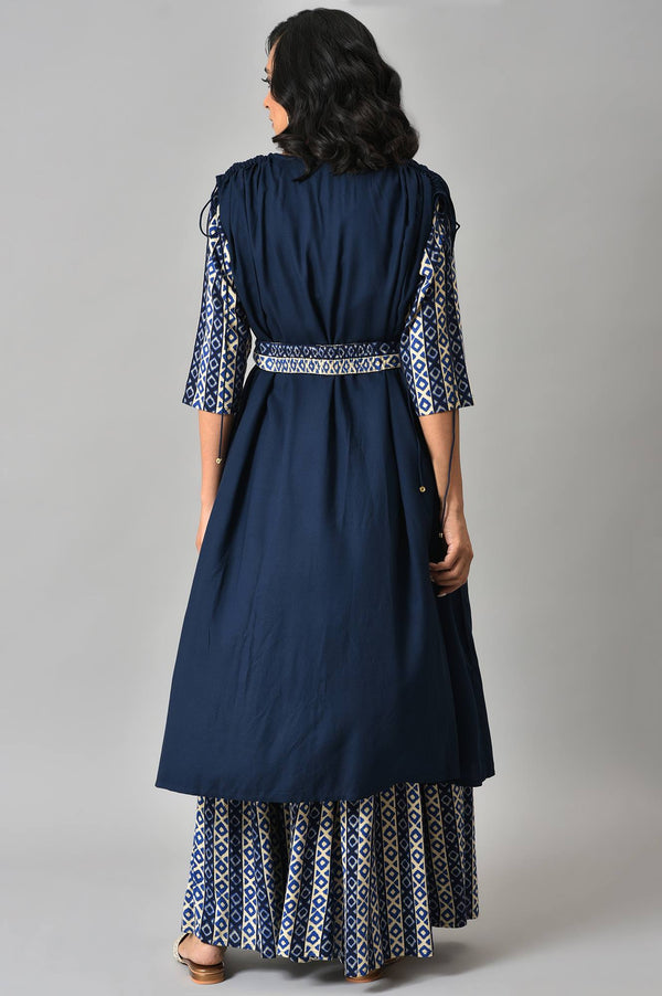 Blue Solid Cape with Ikkat Printed Crop Top and Skirt Co-ord Set