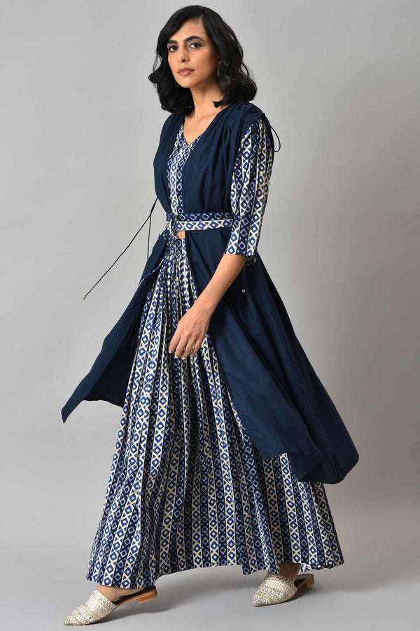 Blue Solid Cape with Ikkat Printed Crop Top and Skirt Co-ord Set