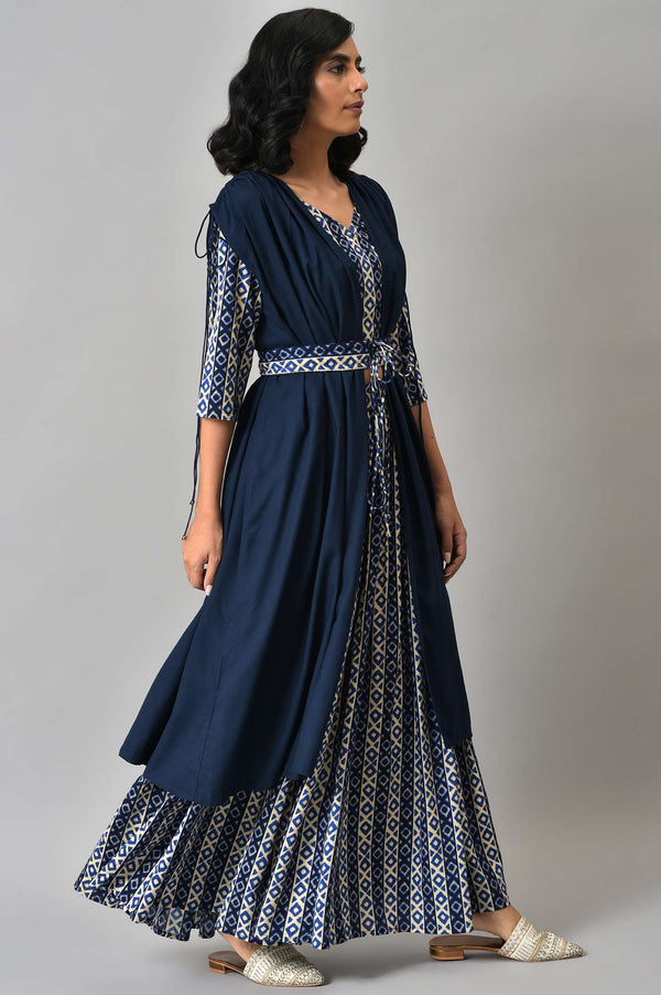 Blue Solid Cape with Ikkat Printed Crop Top and Skirt Co-ord Set