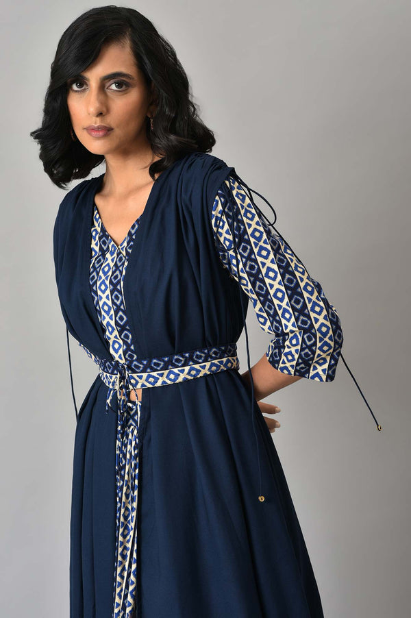 Blue Solid Cape with Ikkat Printed Crop Top and Skirt Co-ord Set