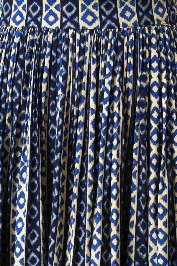 Blue Solid Cape with Ikkat Printed Crop Top and Skirt Co-ord Set