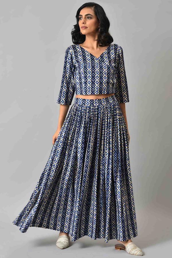 Blue Solid Cape with Ikkat Printed Crop Top and Skirt Co-ord Set