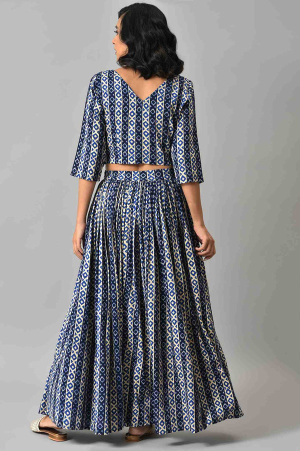 Blue Solid Cape with Ikkat Printed Crop Top and Skirt Co-ord Set