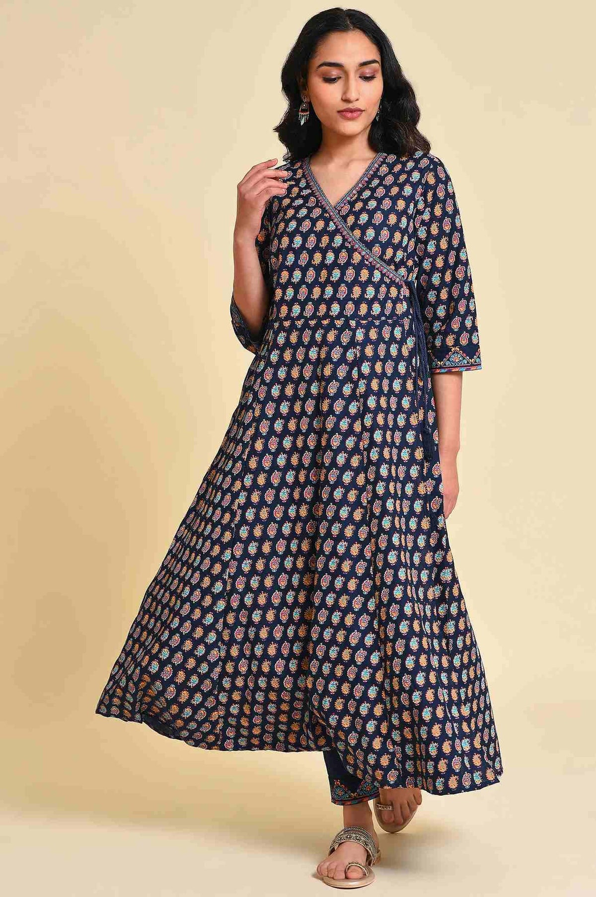 Navy Blue Multicolor Printed Angrakha kurta Set - XS