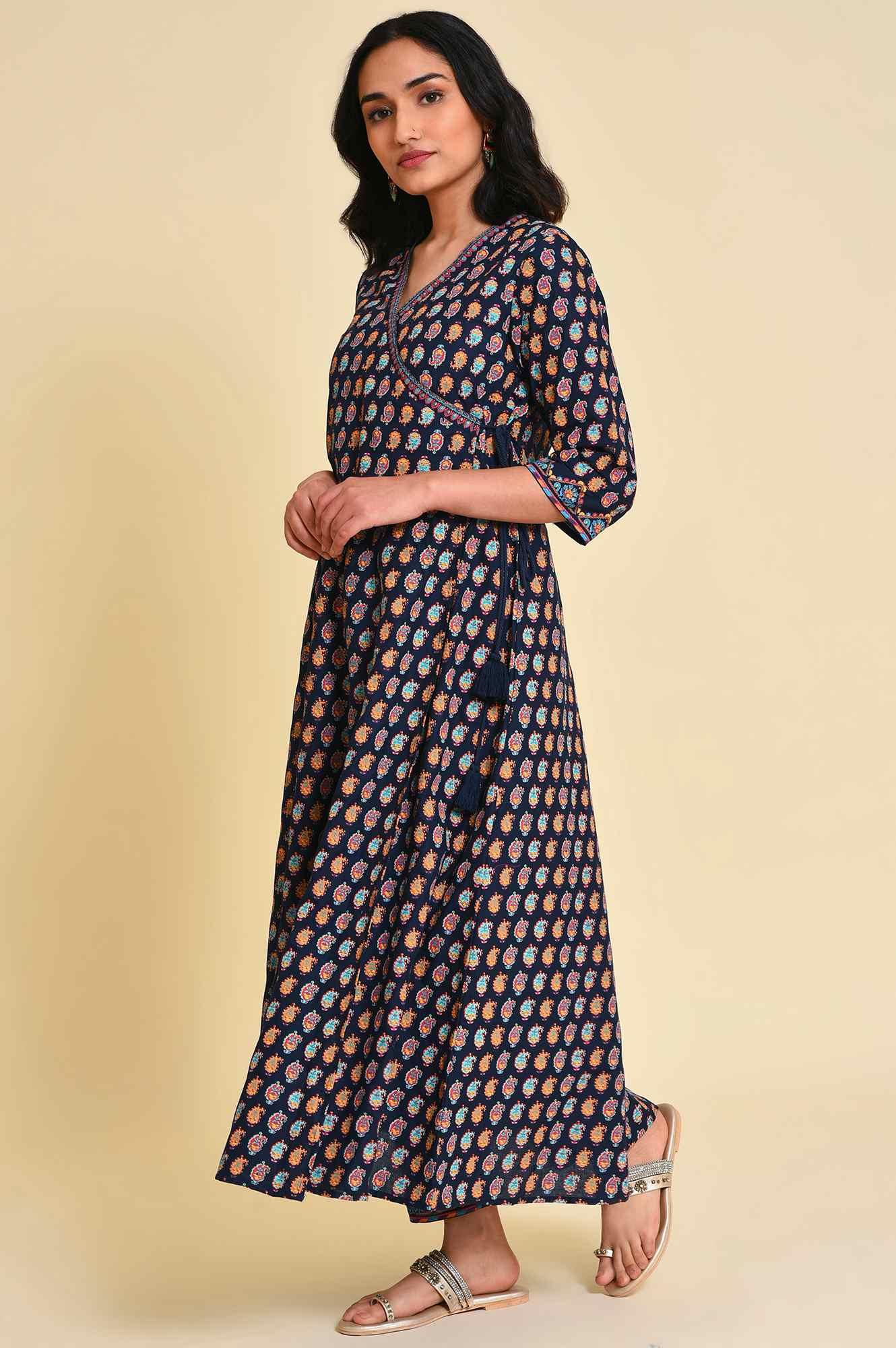 Navy Blue Multicolor Printed Angrakha kurta Set - wforwoman
