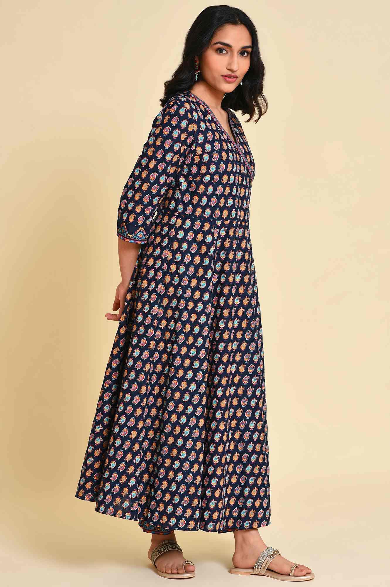 Navy Blue Multicolor Printed Angrakha kurta Set - wforwoman