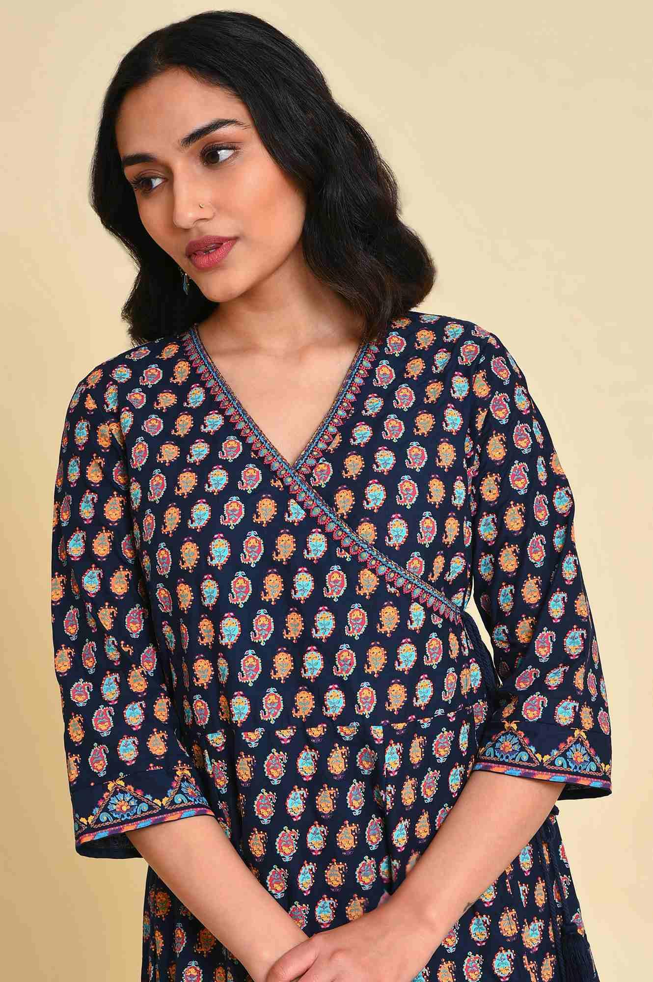 Navy Blue Multicolor Printed Angrakha kurta Set - wforwoman