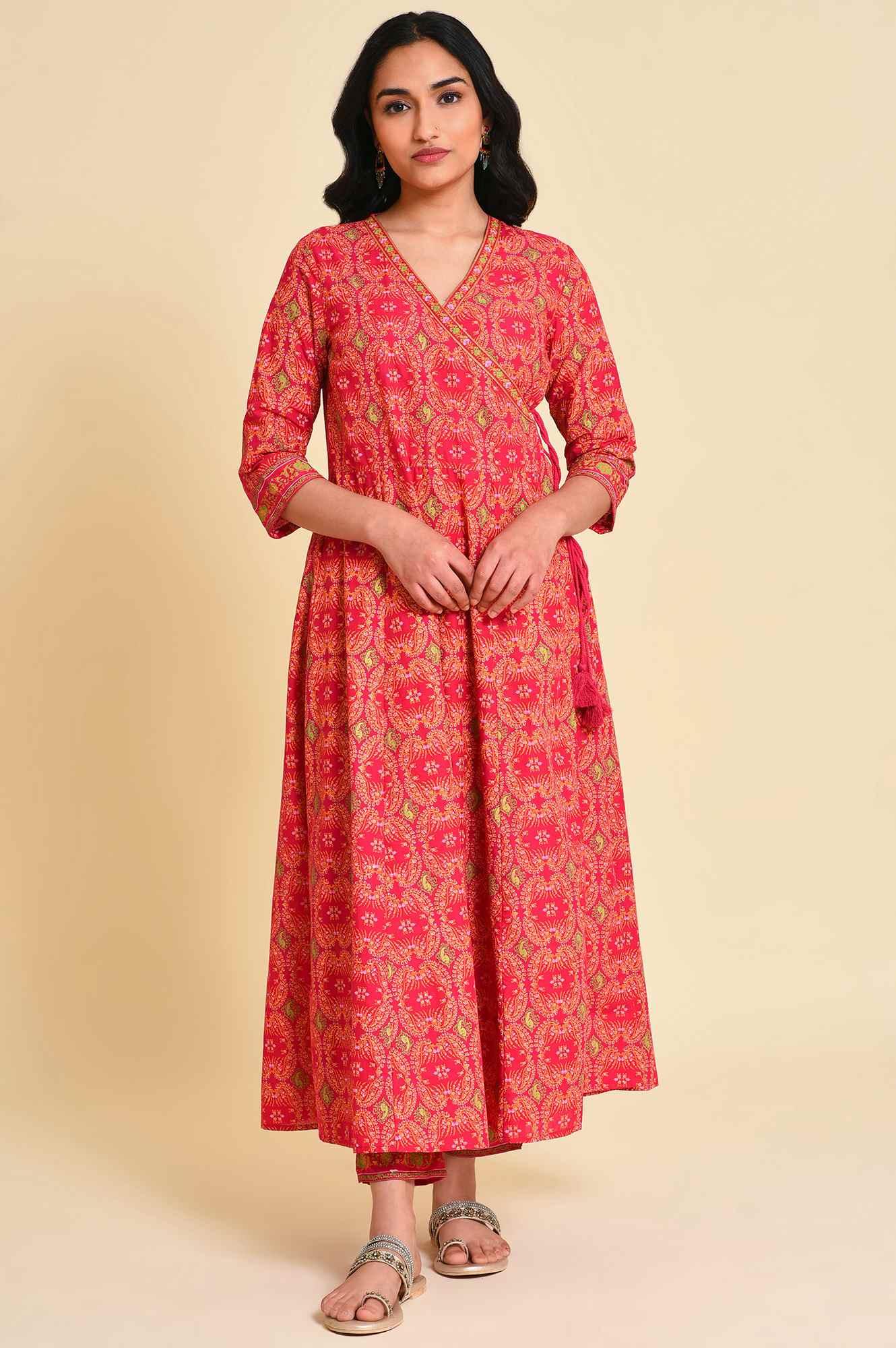 Pink Multicolor Printed Angrakha kurta Set - wforwoman