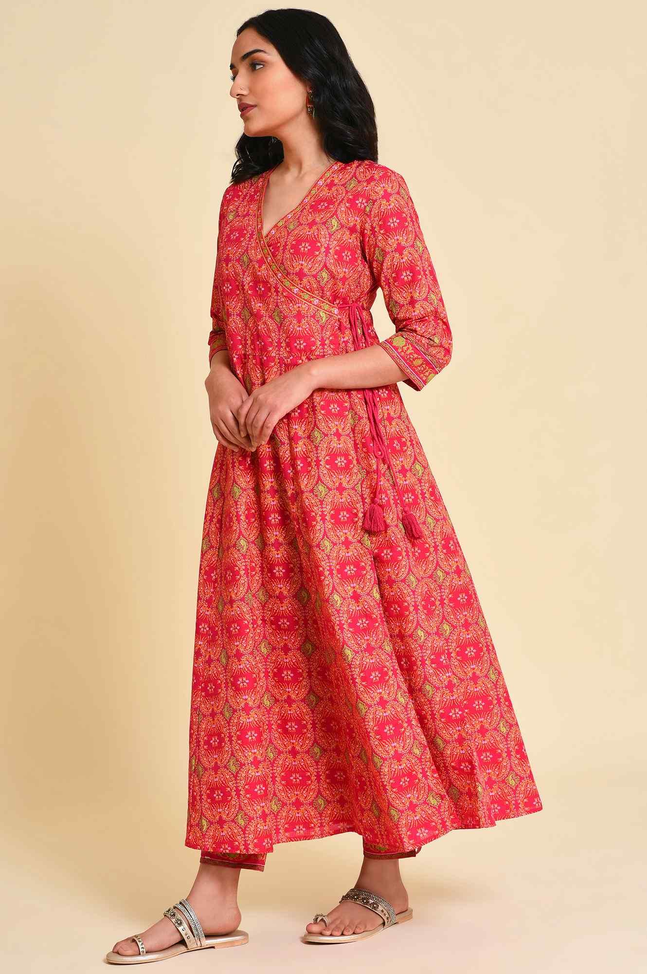Pink Multicolor Printed Angrakha kurta Set - wforwoman