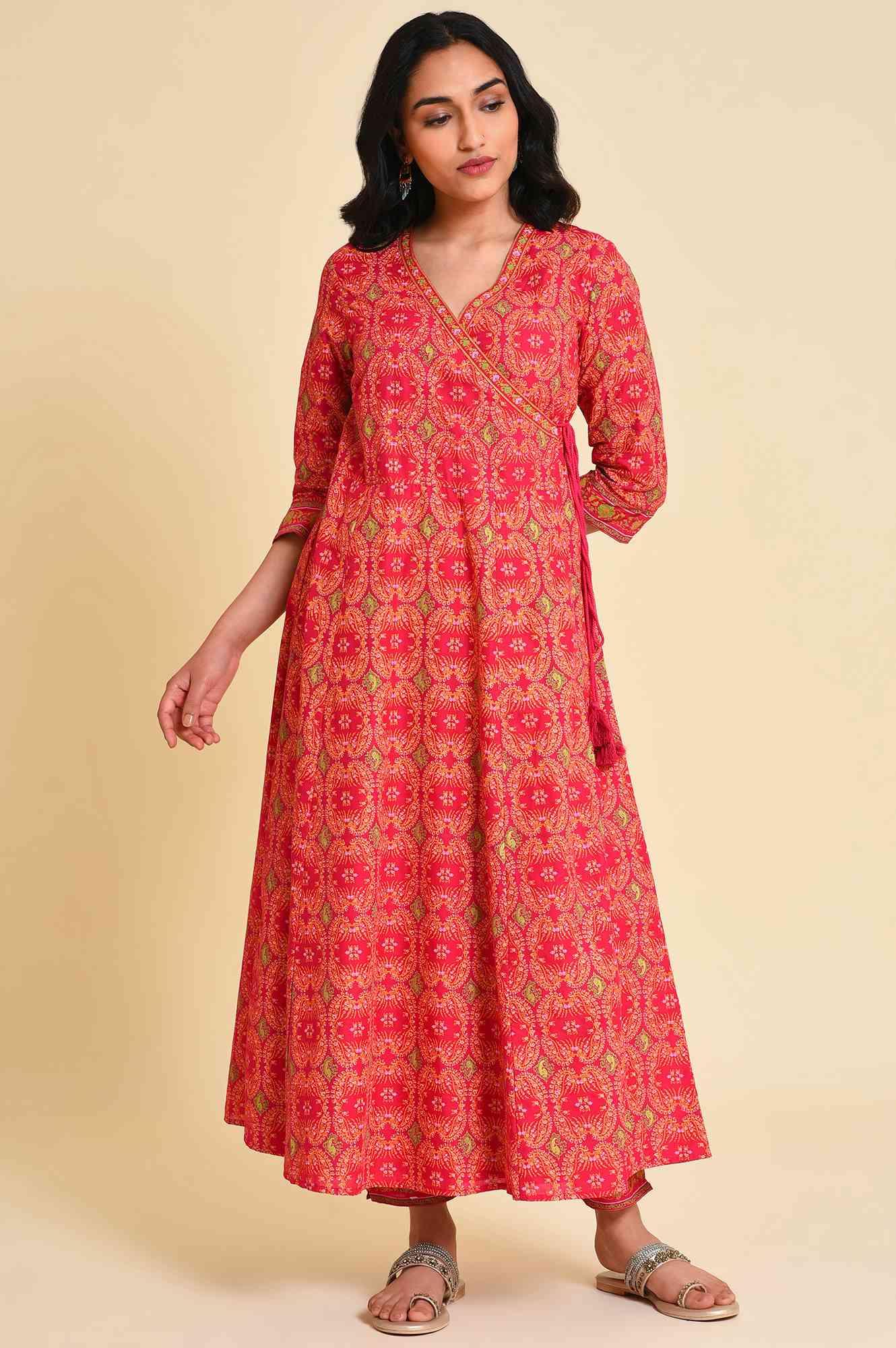 Pink Multicolor Printed Angrakha kurta Set - wforwoman