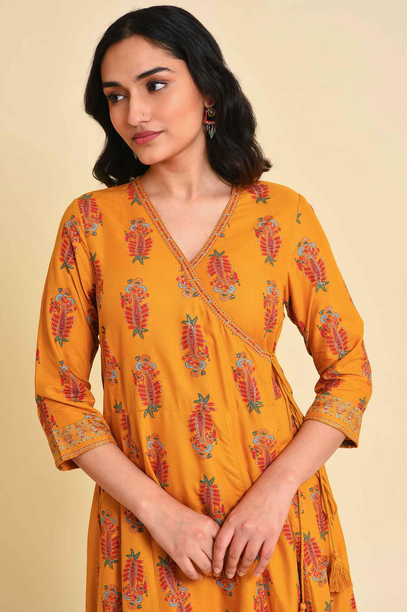 Yellow Multicolor Printed Angrakha kurta Set - wforwoman