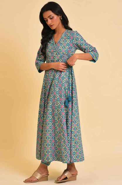 Blue Multicolor Printed Angrakha kurta Set - wforwoman