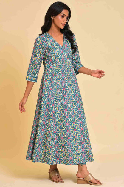 Blue Multicolor Printed Angrakha kurta Set - wforwoman