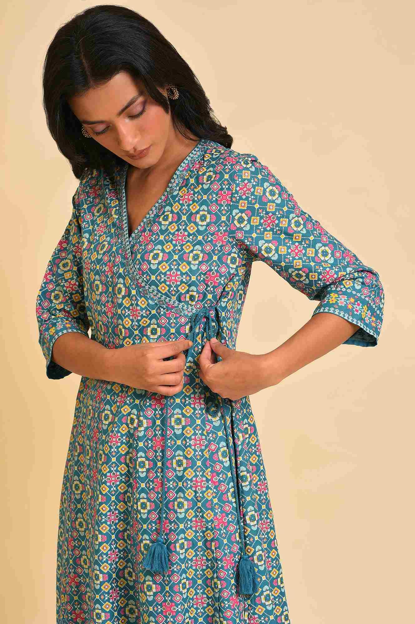 Blue Multicolor Printed Angrakha kurta Set - wforwoman