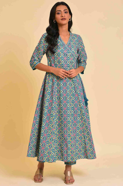 Blue Multicolor Printed Angrakha kurta Set - wforwoman