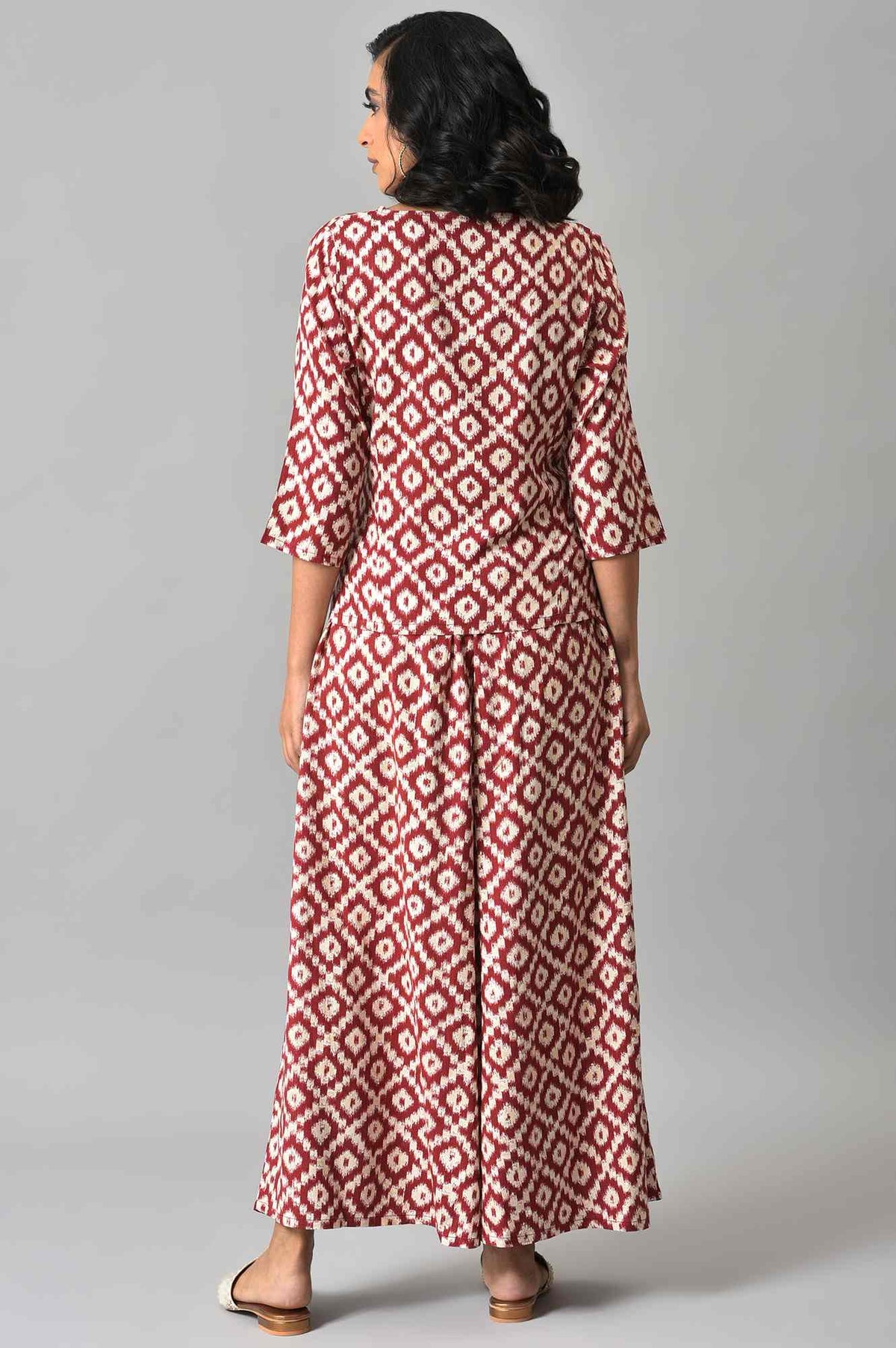 Dark Red Ikkat Print A-line kurta with FLared Pants Co-ord Set - XS