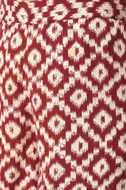 Dark Red Ikkat Print A-line kurta with FLared Pants Co-ord Set