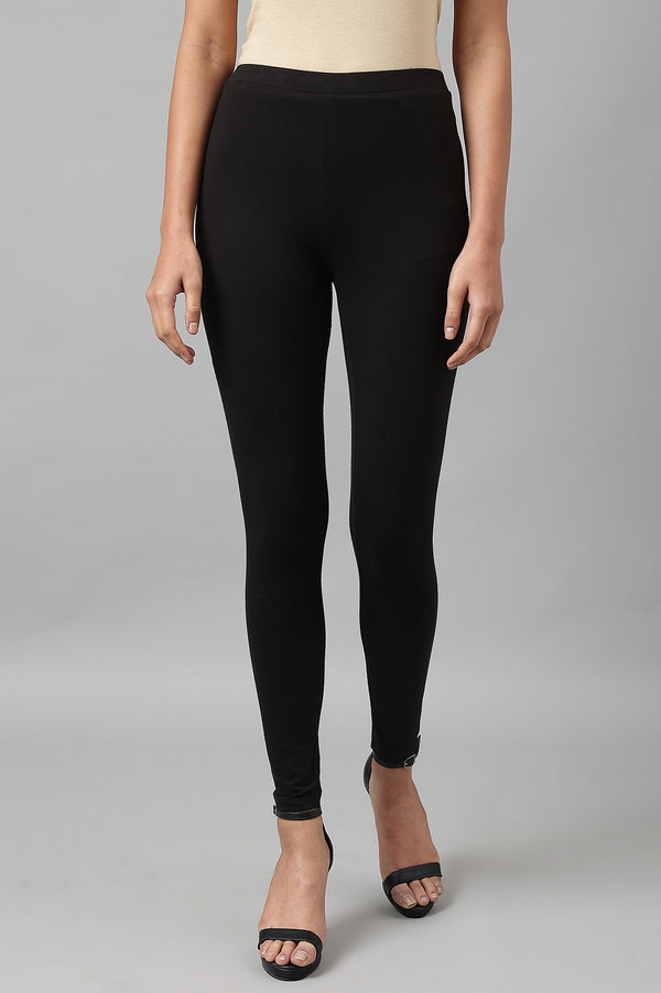 Black Solid Viscose Lycra Ankle Length Leggings