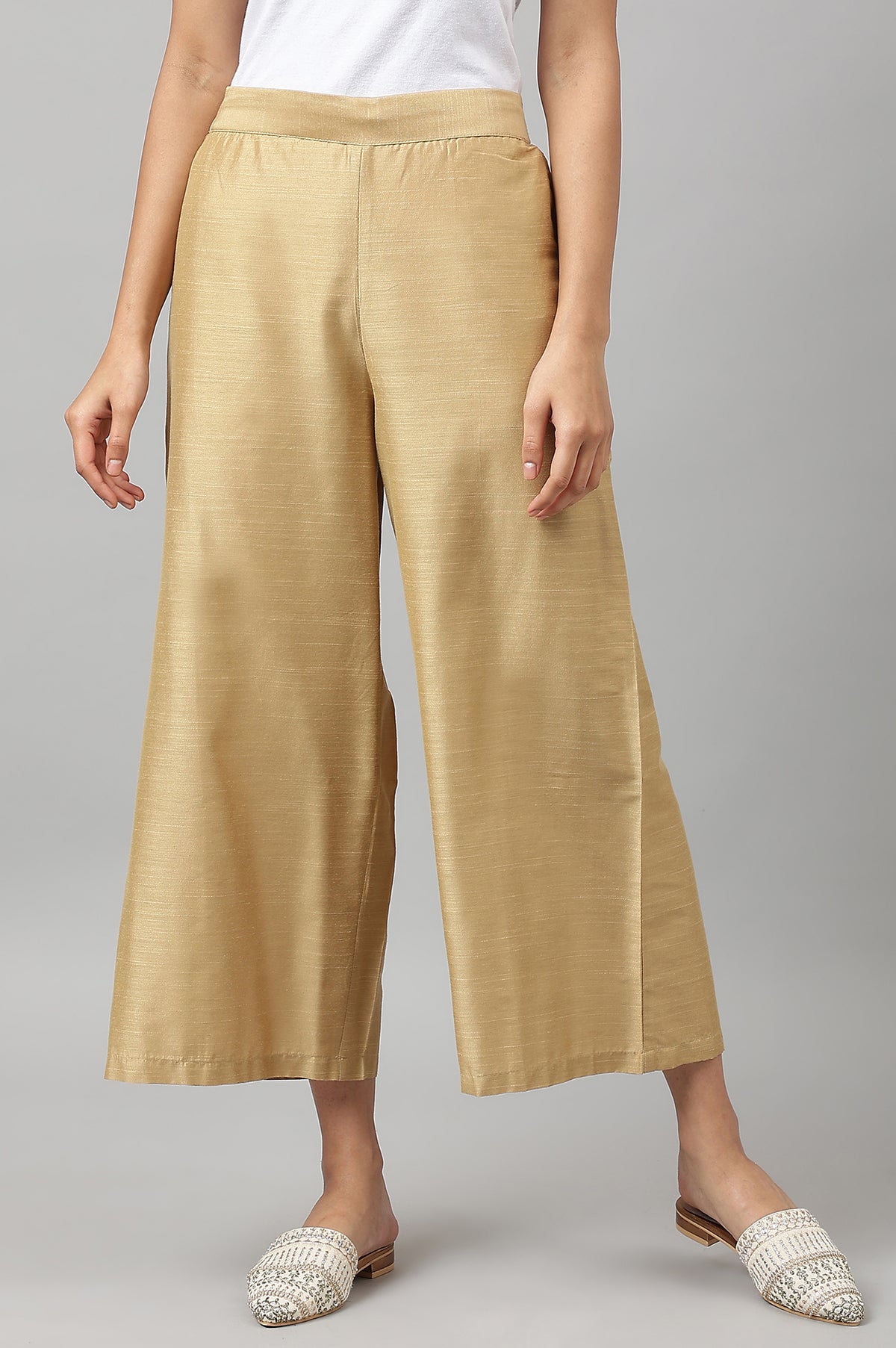 Gold Solid Plain Straight Woven Parallel Pant - XS