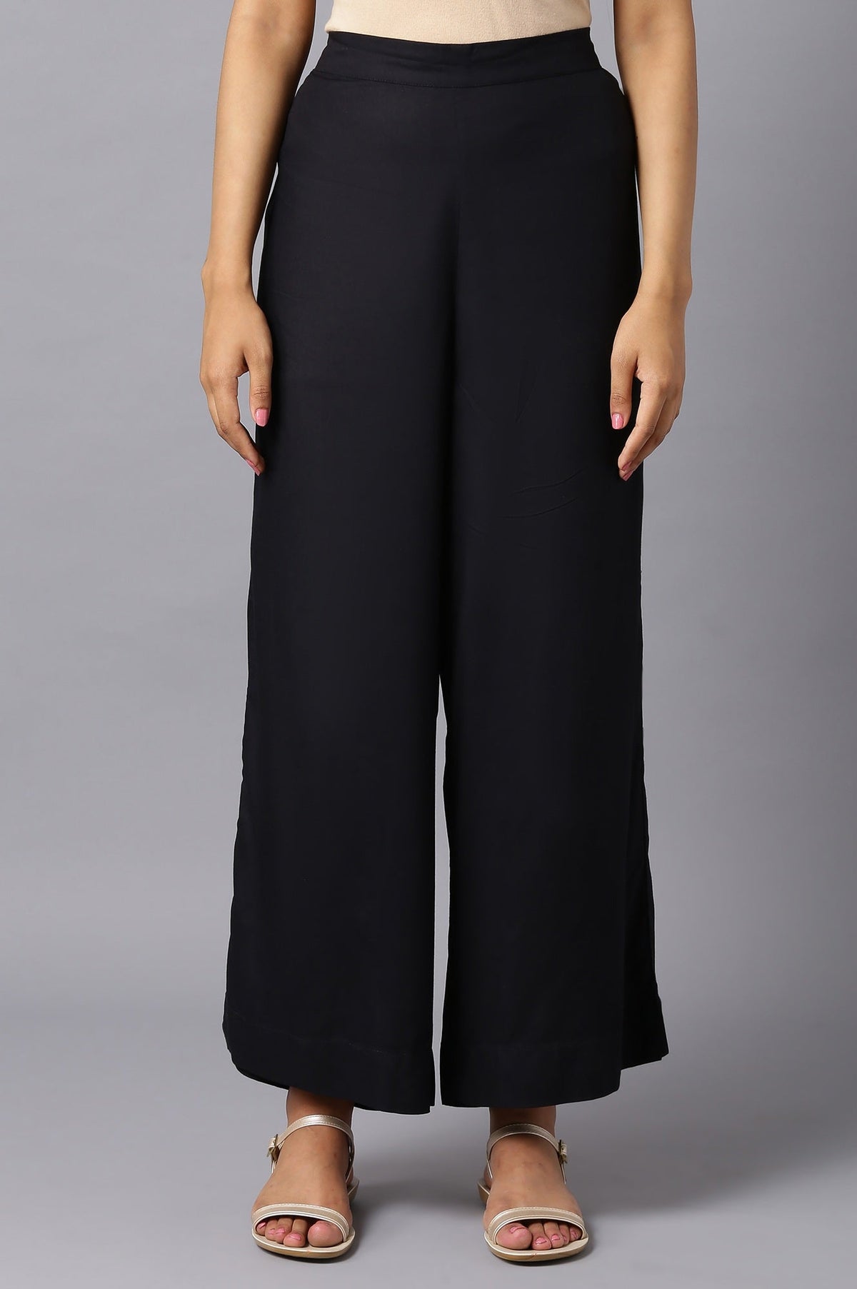 Elleven Women's Black Solid Wide Leg Woven Palazzo With Elasticated Waistband - S