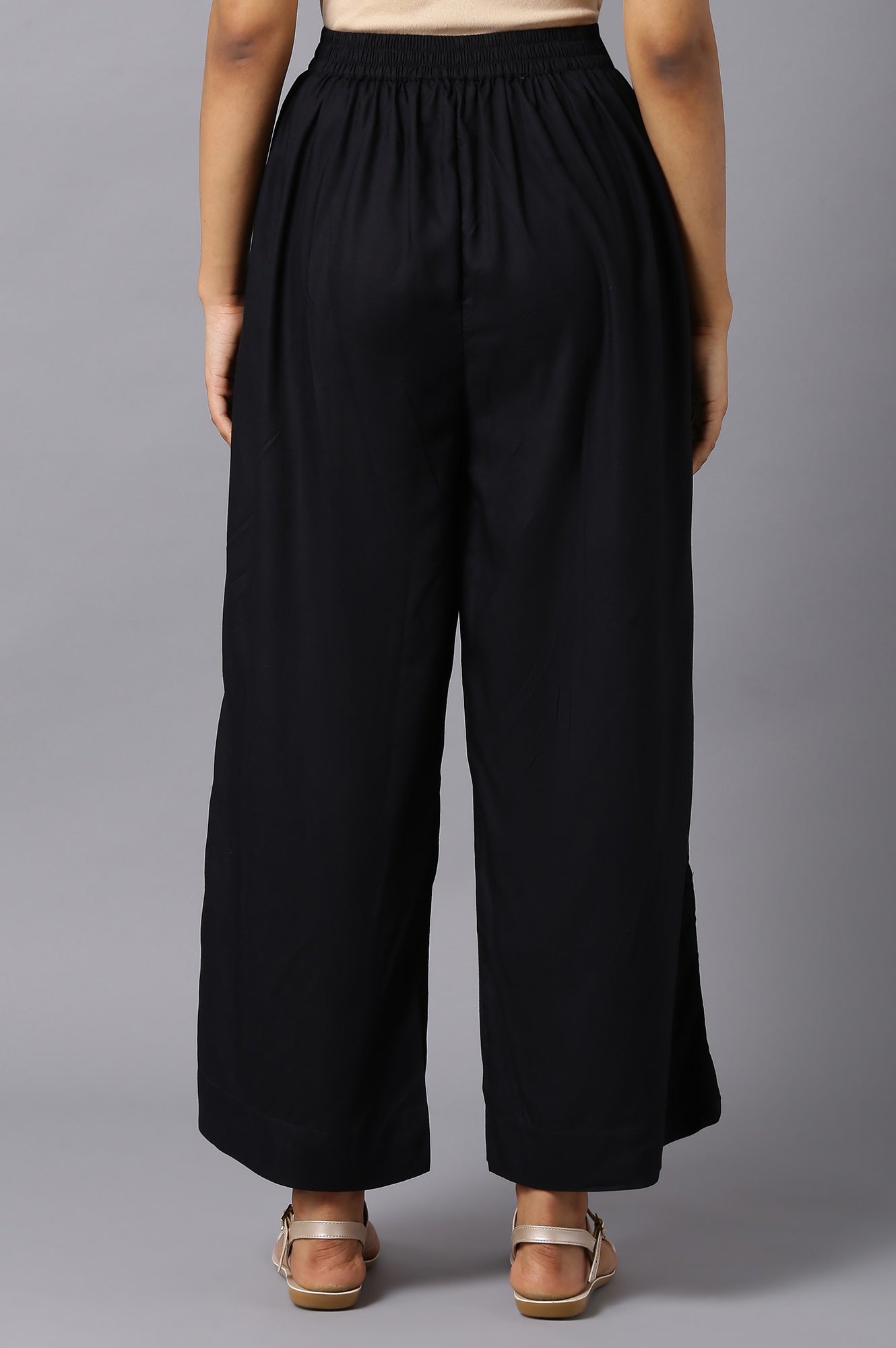 Black Solid Wide Leg Woven Palazzo With Elasticated Waistband