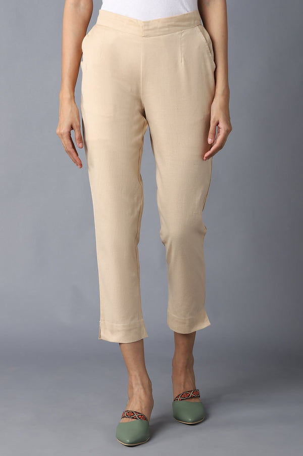 Elleven Women's Beige Solid Straight Fit Cotton Trousers With Elasticated Waistband