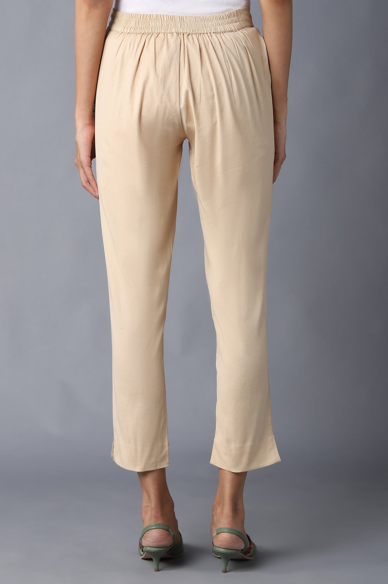 Beige Solid Straight Fit Cotton Trousers With Elasticated Waistband