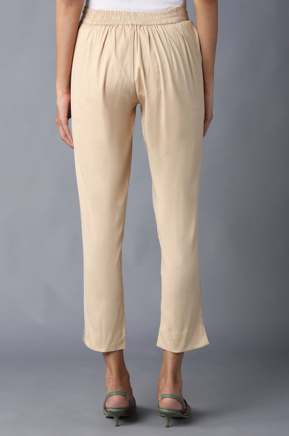 Beige Solid Straight Fit Cotton Trousers With Elasticated Waistband